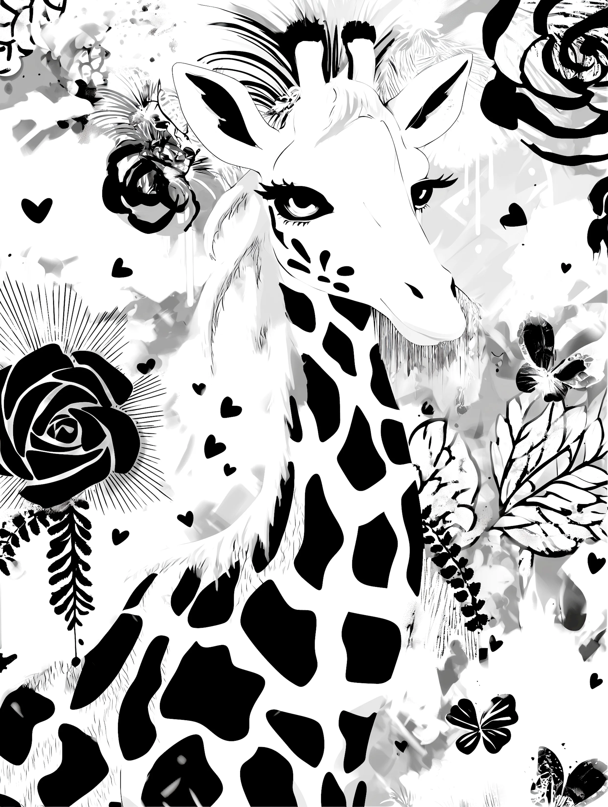 Free printable giraffe coloring page featuring simple giraffe and flowers